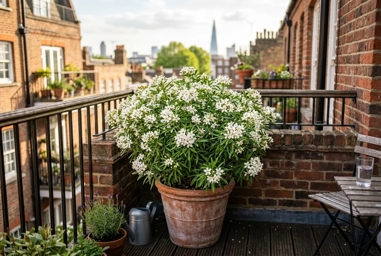 Choisya White Dazzler compact shrub in a terracotta container on a UK city patio with white flowers