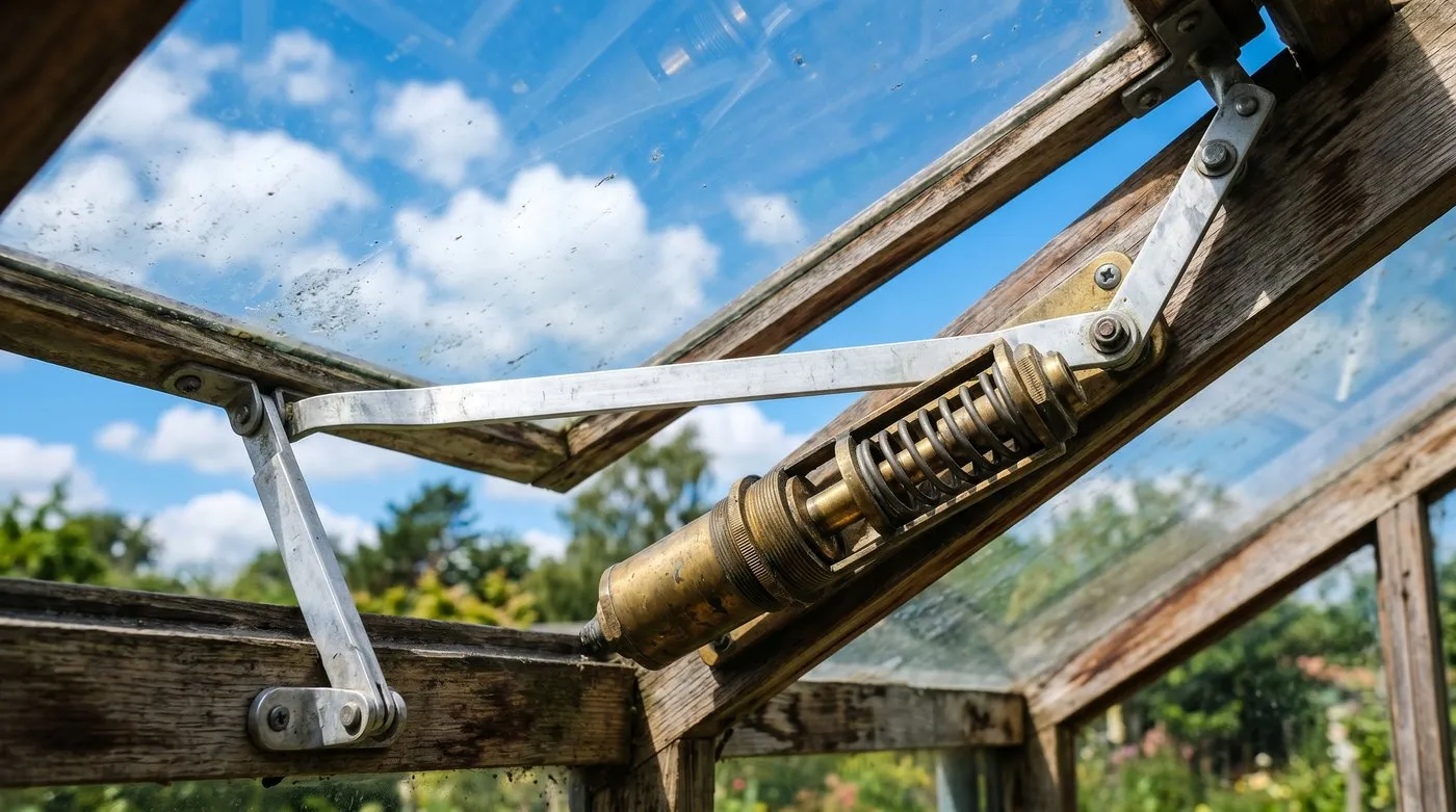 A UK greenhouse interior showing a Bayliss automatic vent opener fitted to a roof vent, with the vent open showing the wax cylinder mechanism