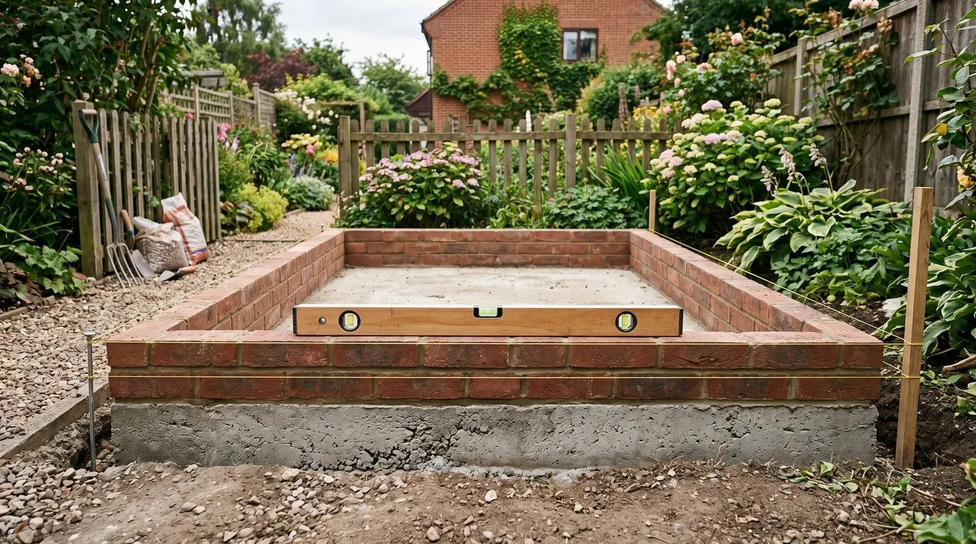 A two-course brick plinth base laid level on concrete strip footings, ready for a 6x8 greenhouse, in a UK back garden with string lines still in place