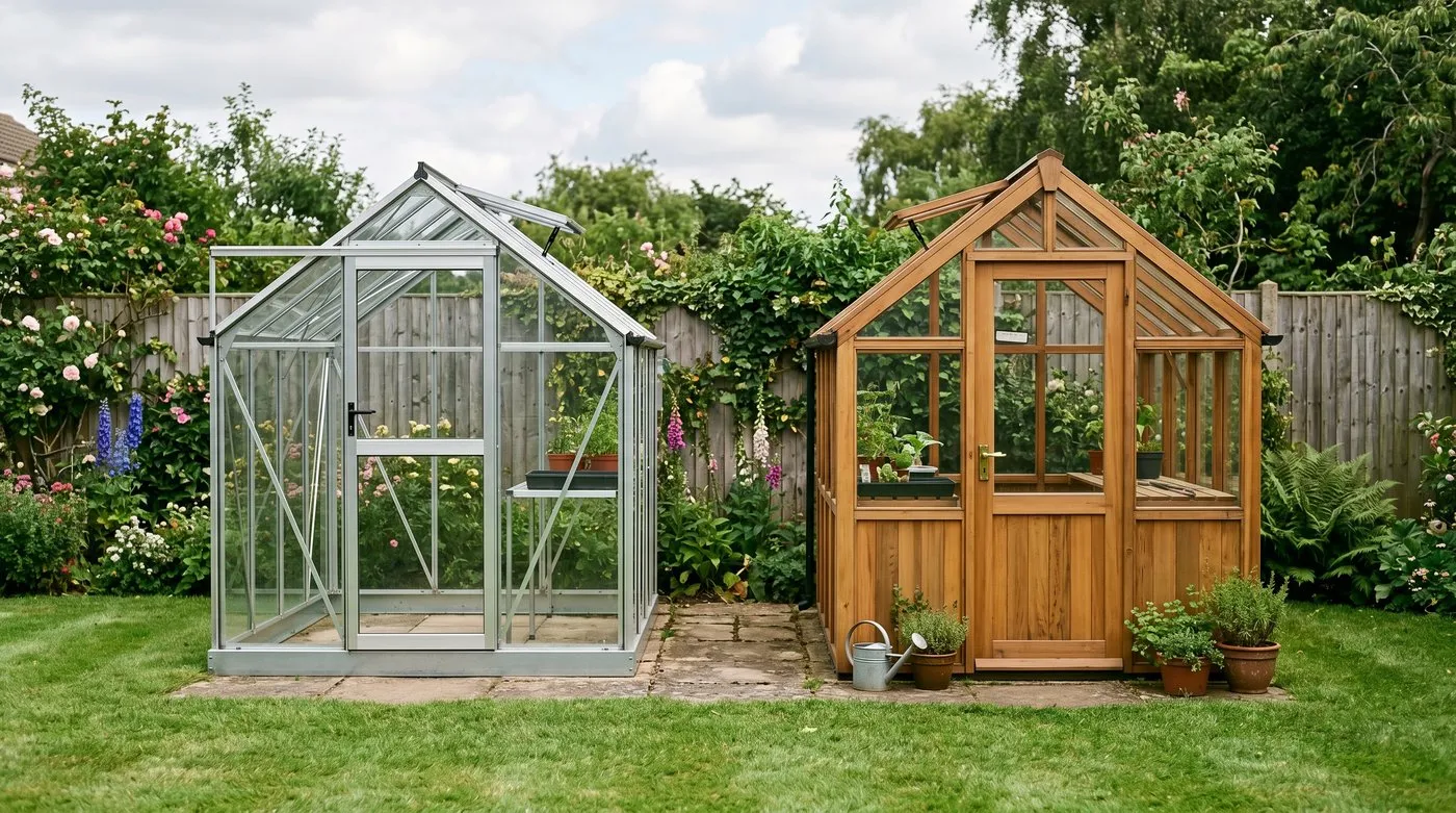 A side-by-side comparison of an aluminium-framed greenhouse on the left and a thermo wood-framed greenhouse on the right, both 6x8 in a UK back garden