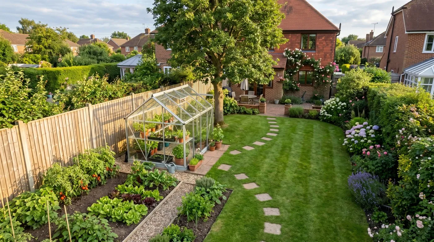 An overhead view of a UK back garden showing the ideal greenhouse position: south-facing aspect, sheltered behind a 1.8m fence to the north, with 3m clearance from a deciduous tree