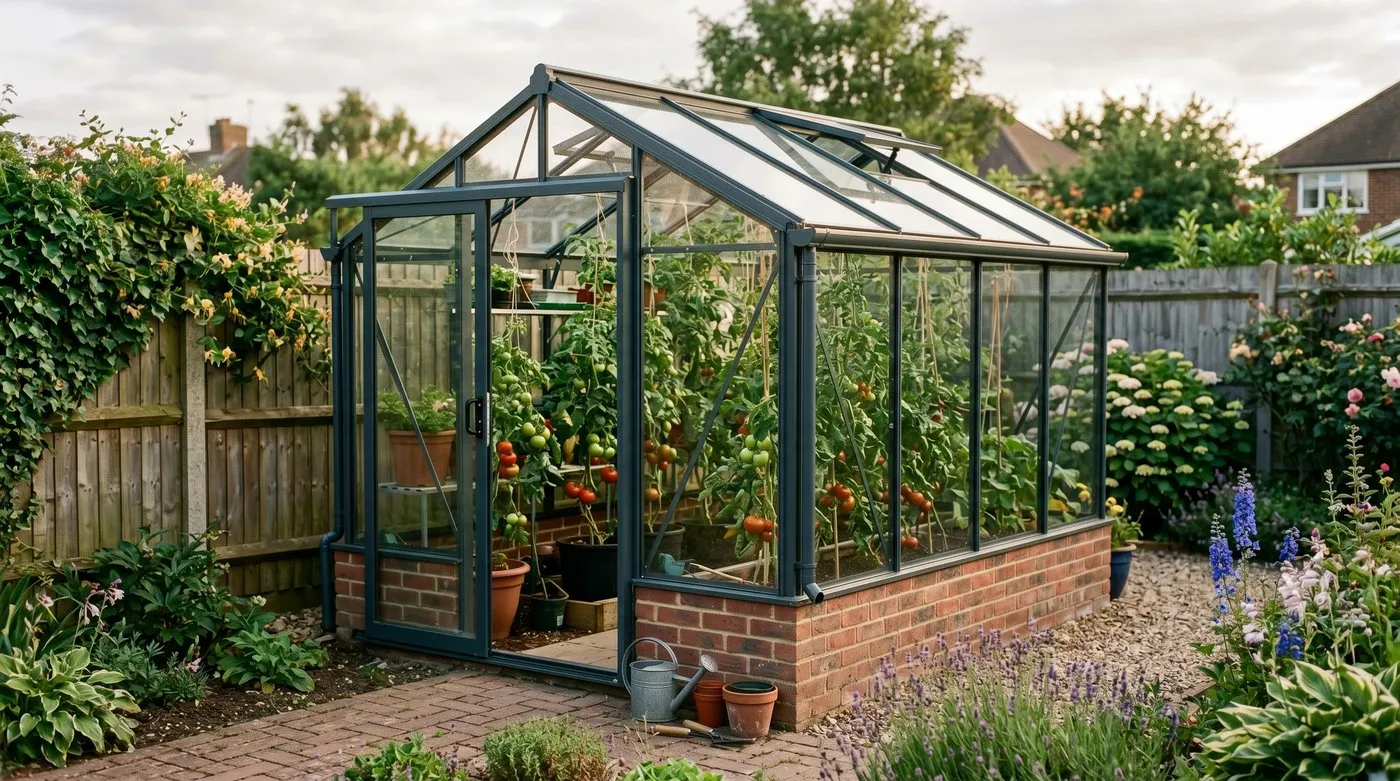 A 6x10 foot aluminium greenhouse with toughened safety glass in a UK back garden, set on a brick plinth