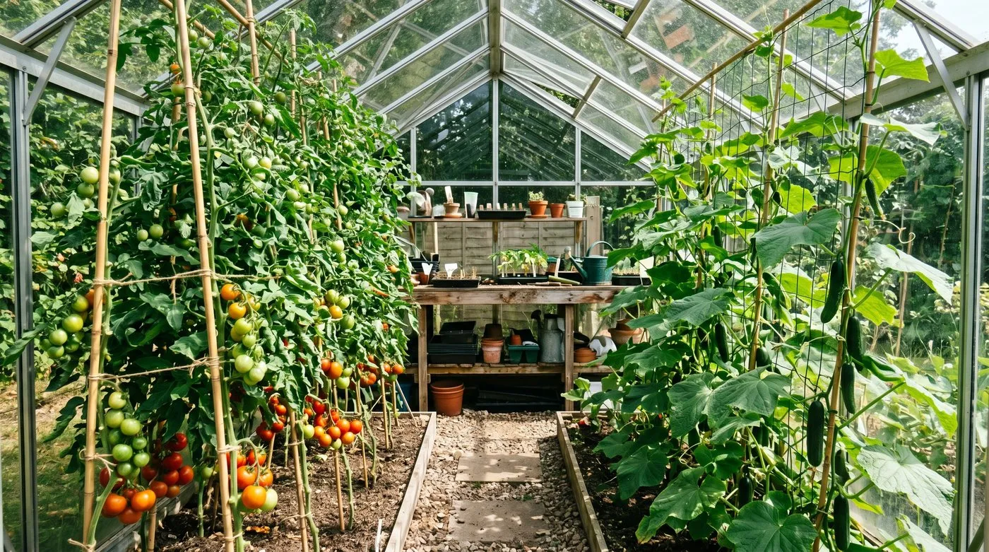 A 6x8 aluminium greenhouse interior showing tomato cordons, a wooden staging bench, and a propagation tray in a Staffordshire garden