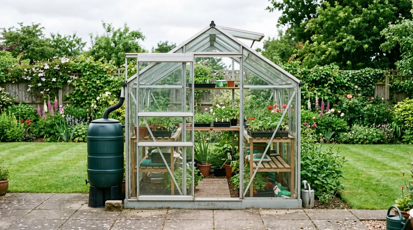 A UK back garden showing a mid-range aluminium greenhouse with toughened glass, sliding door open, sat on a paving slab base with a small water butt