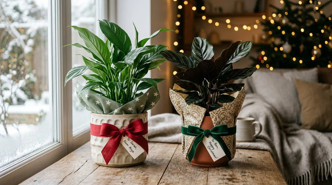 Potted indoor plants with festive wrapping as Christmas gifts