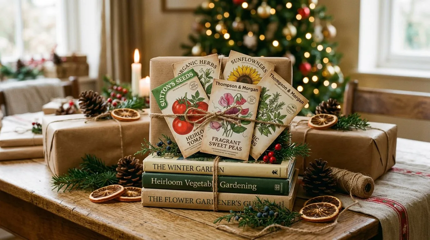 Seed packets and gardening books arranged as Christmas gifts