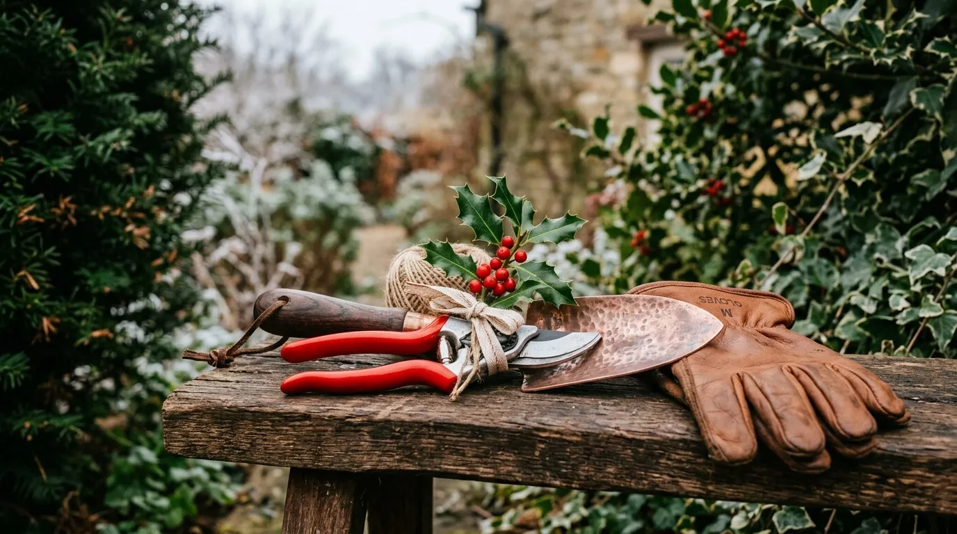 Quality gardening tools arranged as Christmas gifts with ribbon and holly on a wooden bench