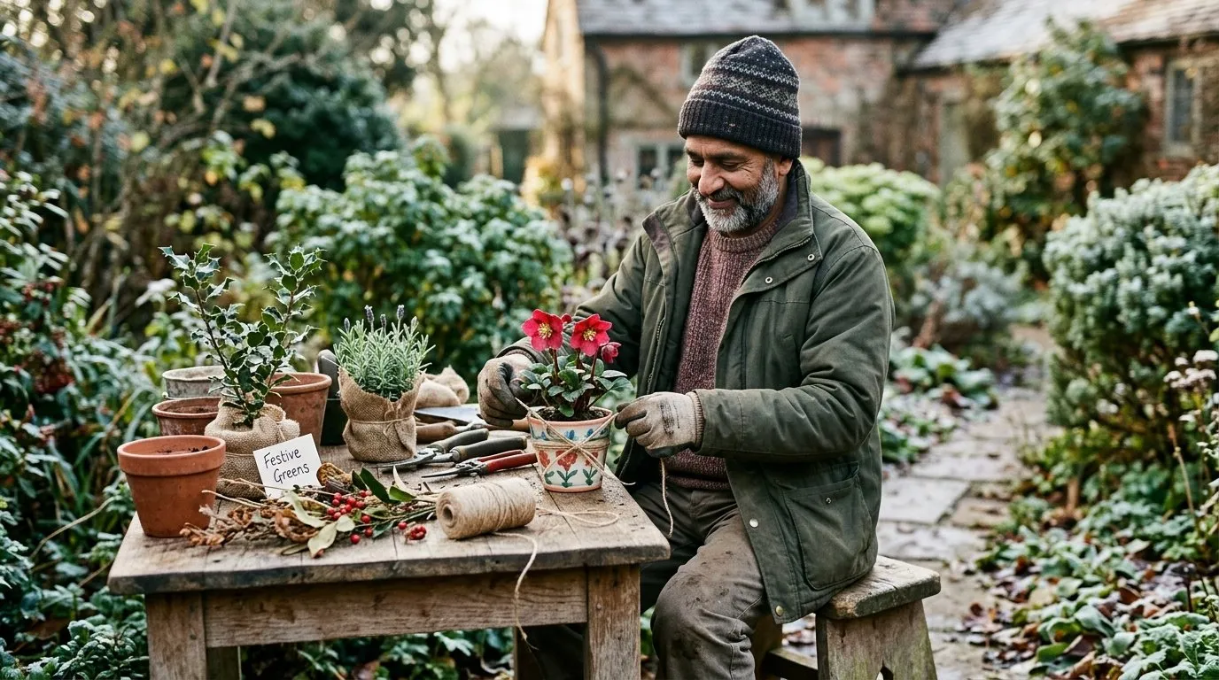 UK gardener working on christmas gardening gifts in a real garden setting