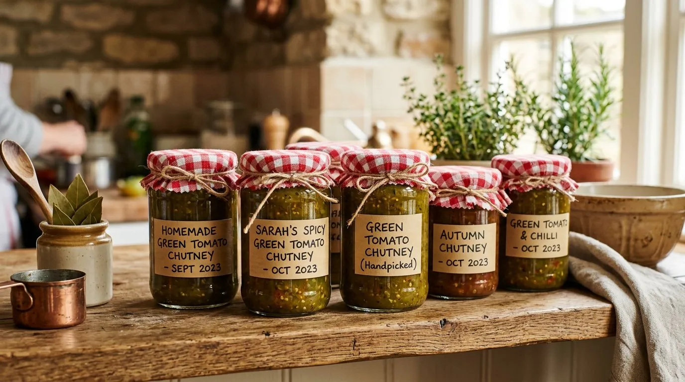 Green tomato chutney in jars with handwritten labels on a rustic UK kitchen shelf