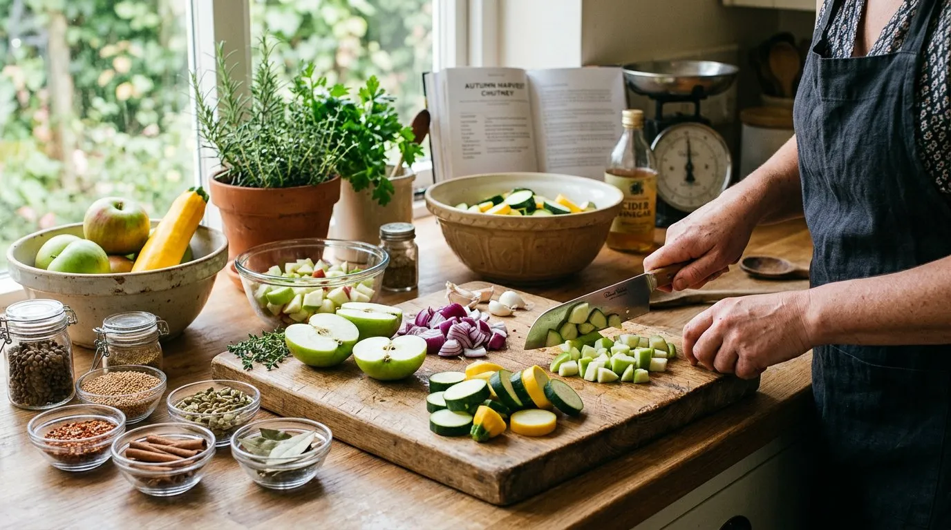 Fresh garden produce being chopped for chutney on a wooden board in a UK kitchen