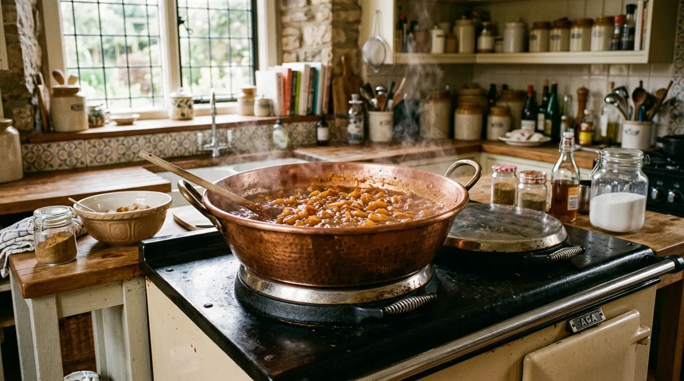 Chutney simmering in a preserving pan on a range cooker in a UK farmhouse kitchen