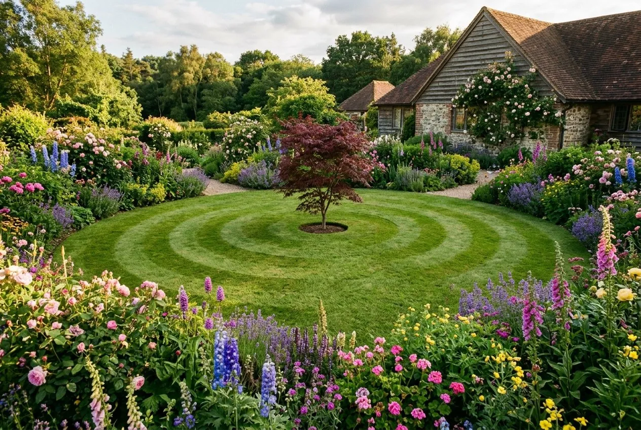 A finished circular lawn in summer, mown in concentric rings, framed by deep flower borders with a small specimen tree at the centre