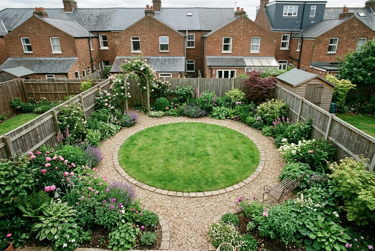 A neat circular lawn surrounded by deep, richly planted borders in a UK garden, seen from a slightly raised angle showing the full curve