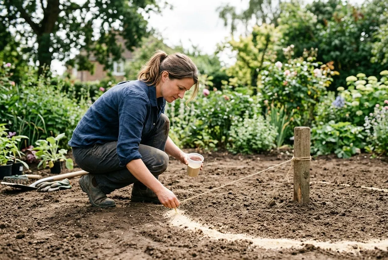 A woman marking out a circular lawn on bare soil using a central peg and a taut string, trickling dry sand to scribe the curve