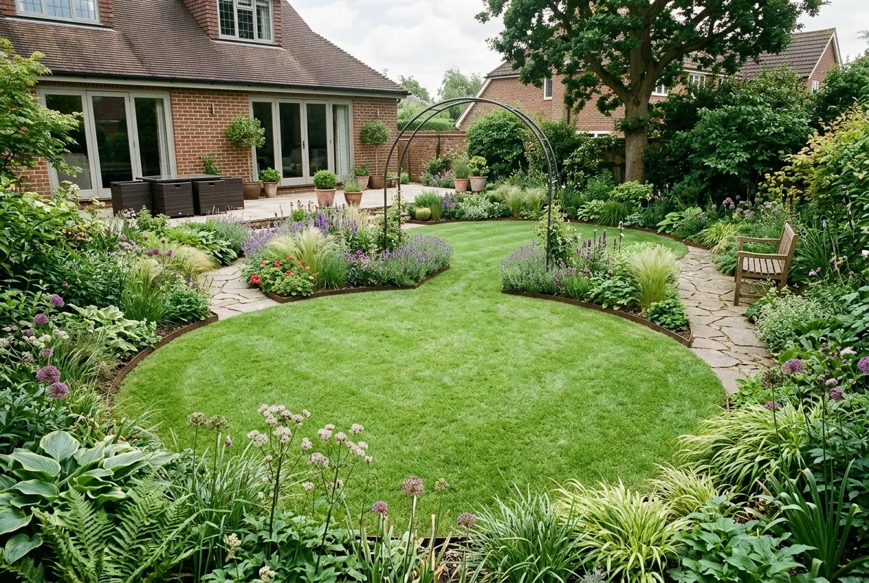 A modern UK garden with two overlapping circular lawns forming a figure of eight, divided by a low planted ridge and an arch