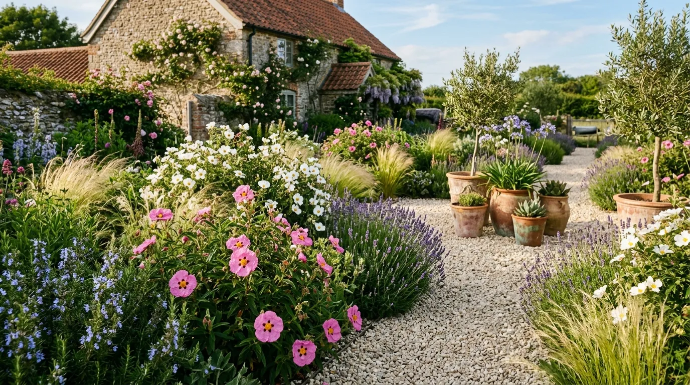 Cistus plants growing in a gravel garden with Mediterranean-style UK planting