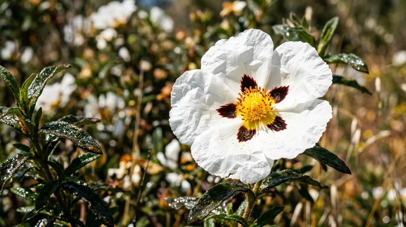 Cistus ladanifer white flowers with crimson blotch in close-up detail