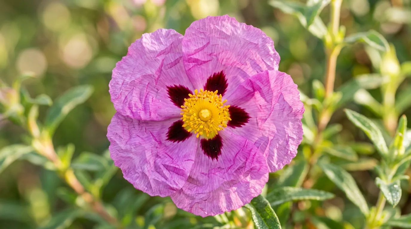 Cistus purpureus with purple-spotted pink flowers in close-up