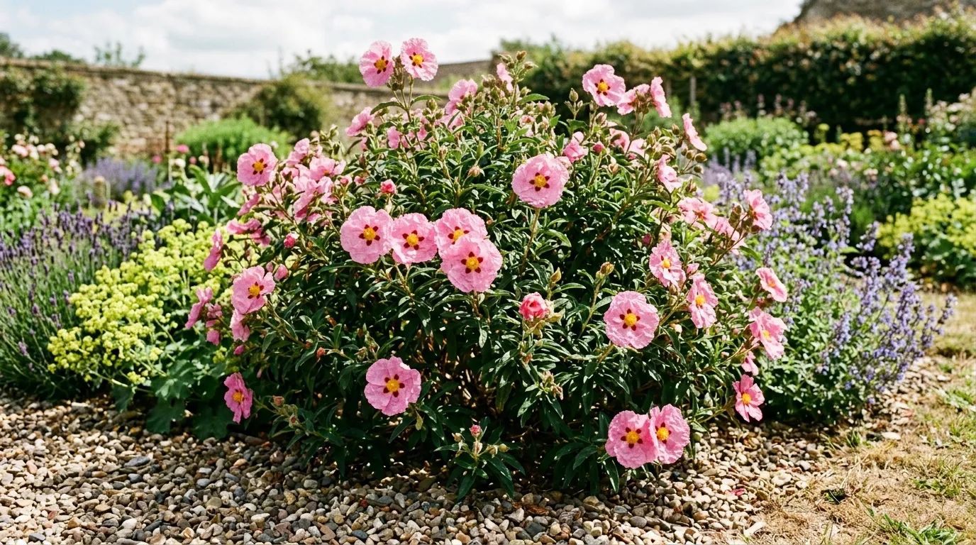 Cistus rock rose shrub covered in pink tissue-paper flowers growing in a sunny UK garden border