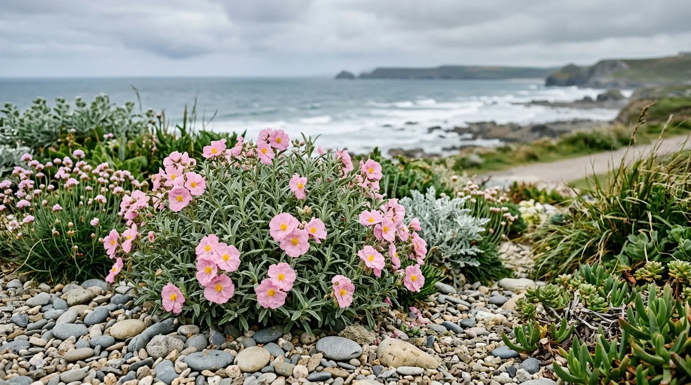 Cistus Silver Pink growing in a coastal planting scheme in the UK