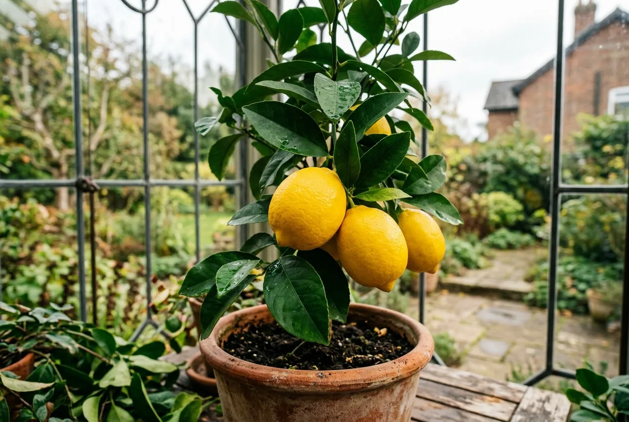 Ripe lemons on a citrus tree UK grown in a conservatory pot