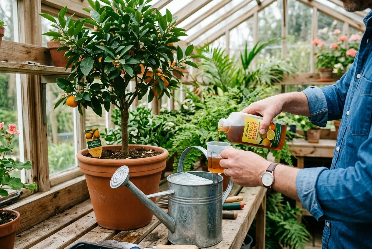 Feeding a citrus tree UK with specialist liquid fertiliser in a conservatory