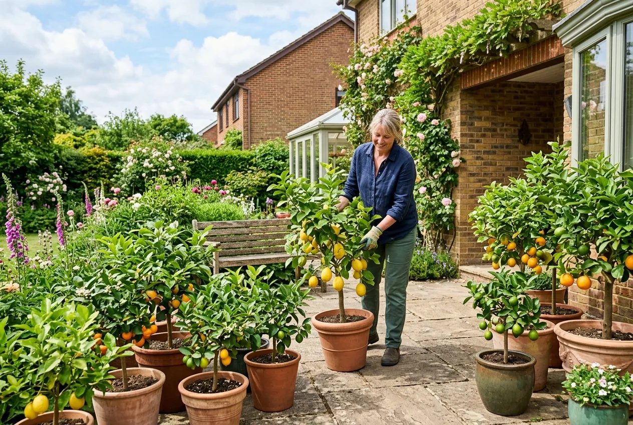 Citrus trees UK on a sheltered summer patio with lemon lime and orange trees