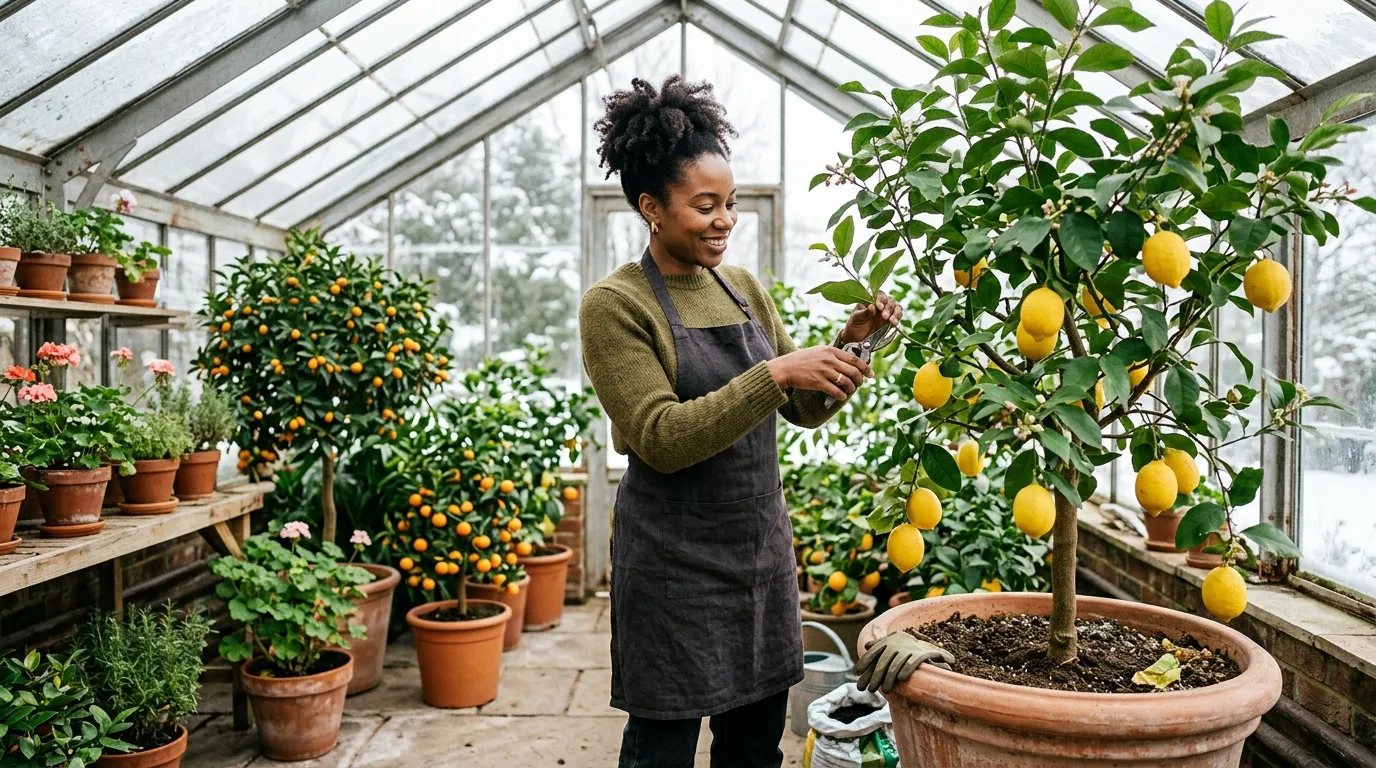 Citrus trees UK growing in conservatory with ripe lemons