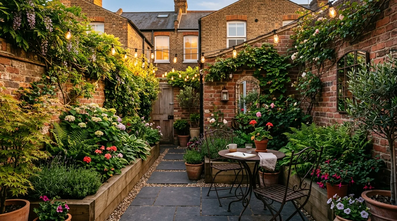 Small urban courtyard garden with raised beds, climbing plants, and string lights