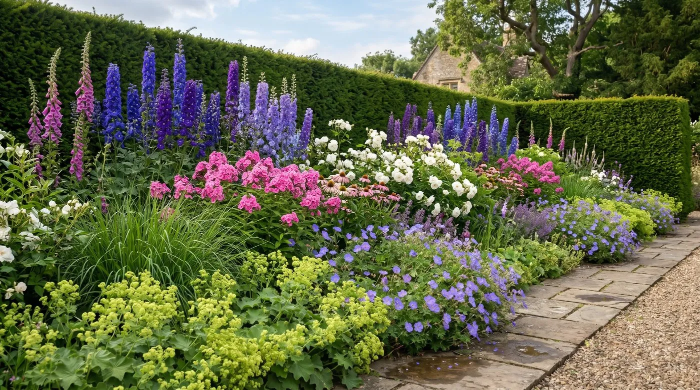 Deep herbaceous border in midsummer with delphiniums roses lavender and hardy geraniums