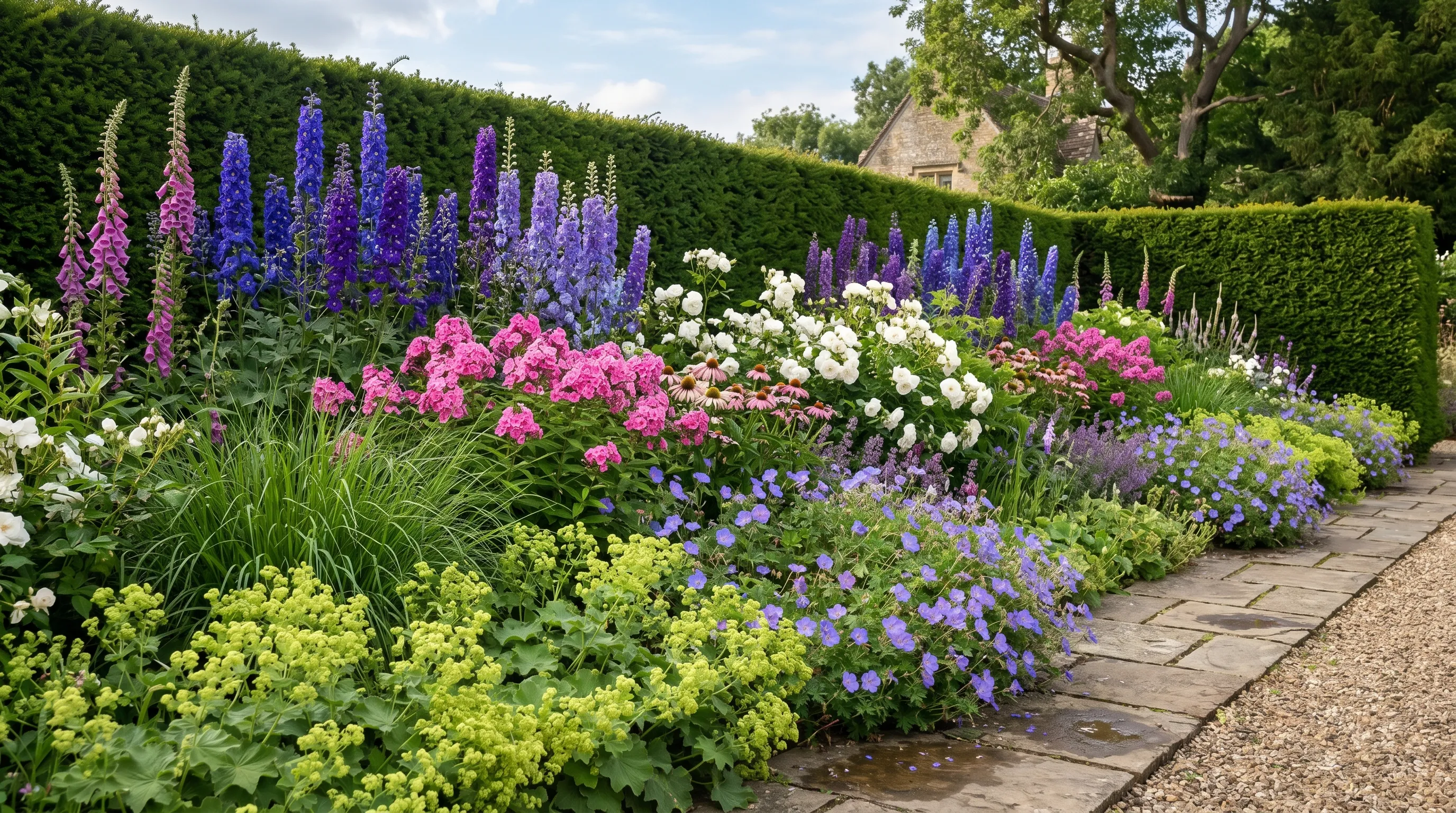 Deep herbaceous border in midsummer with delphiniums roses lavender and hardy geraniums