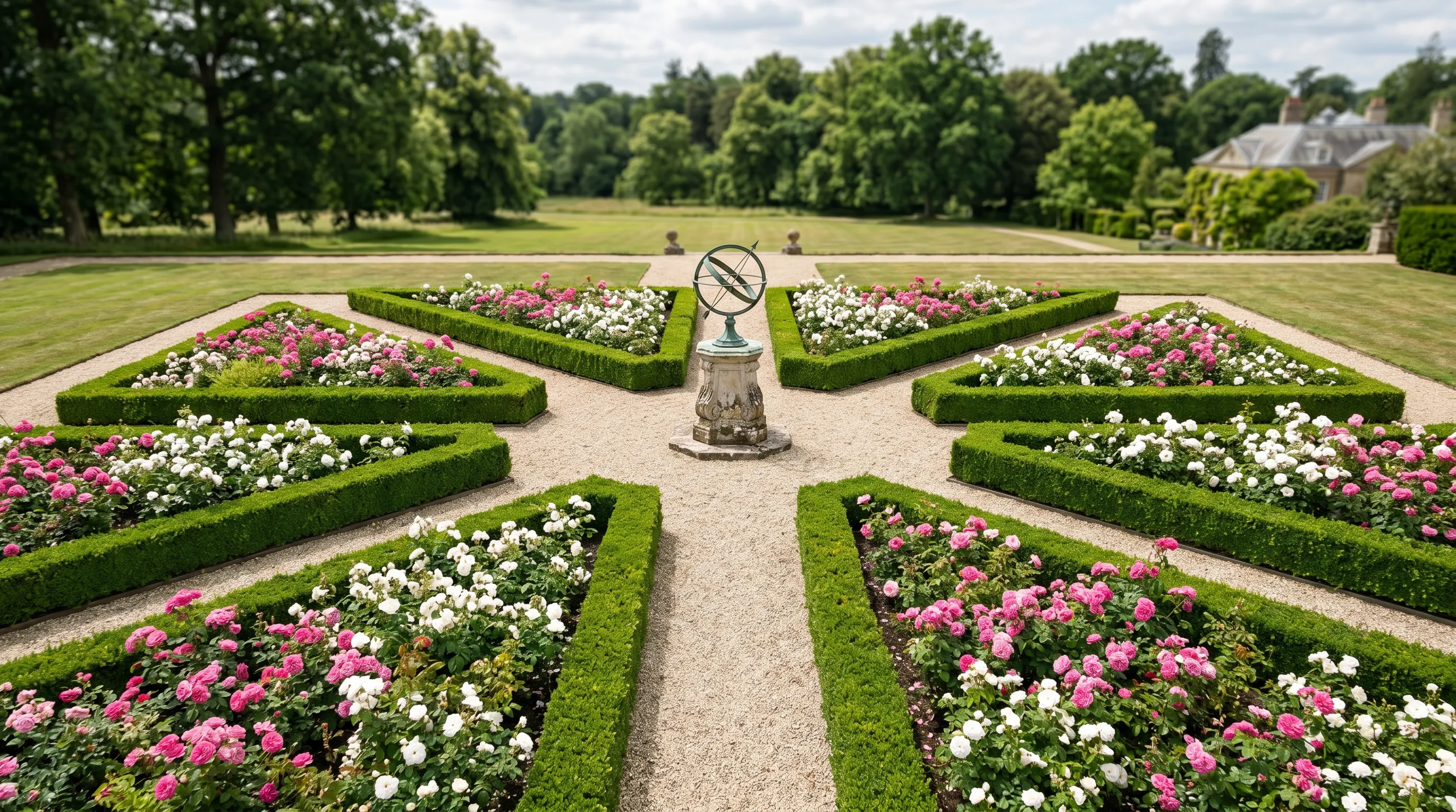 Box parterre with low geometric hedging and rose beds inside in a UK formal garden