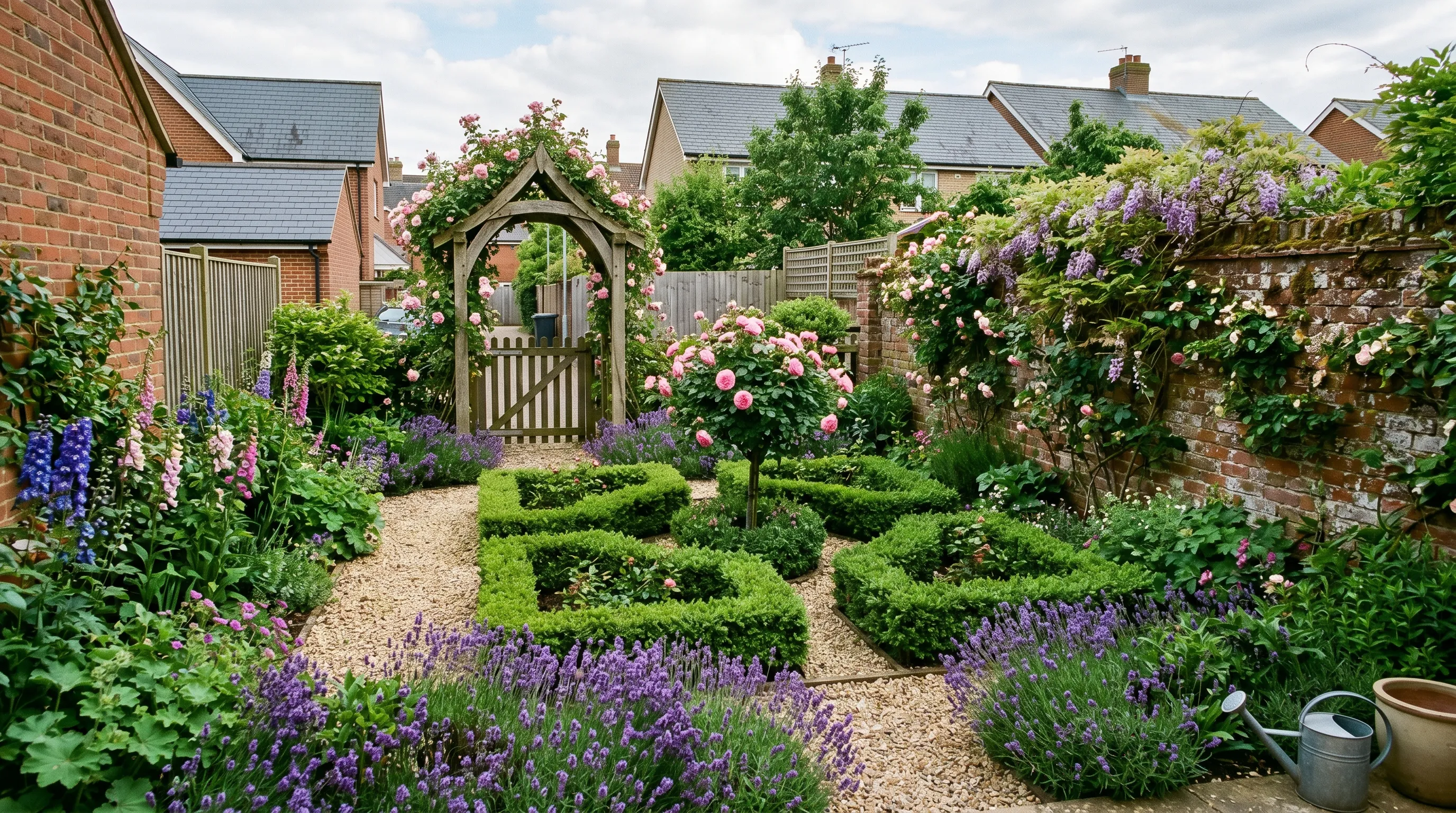 Small English garden with box parterre and rose arch in suburban setting