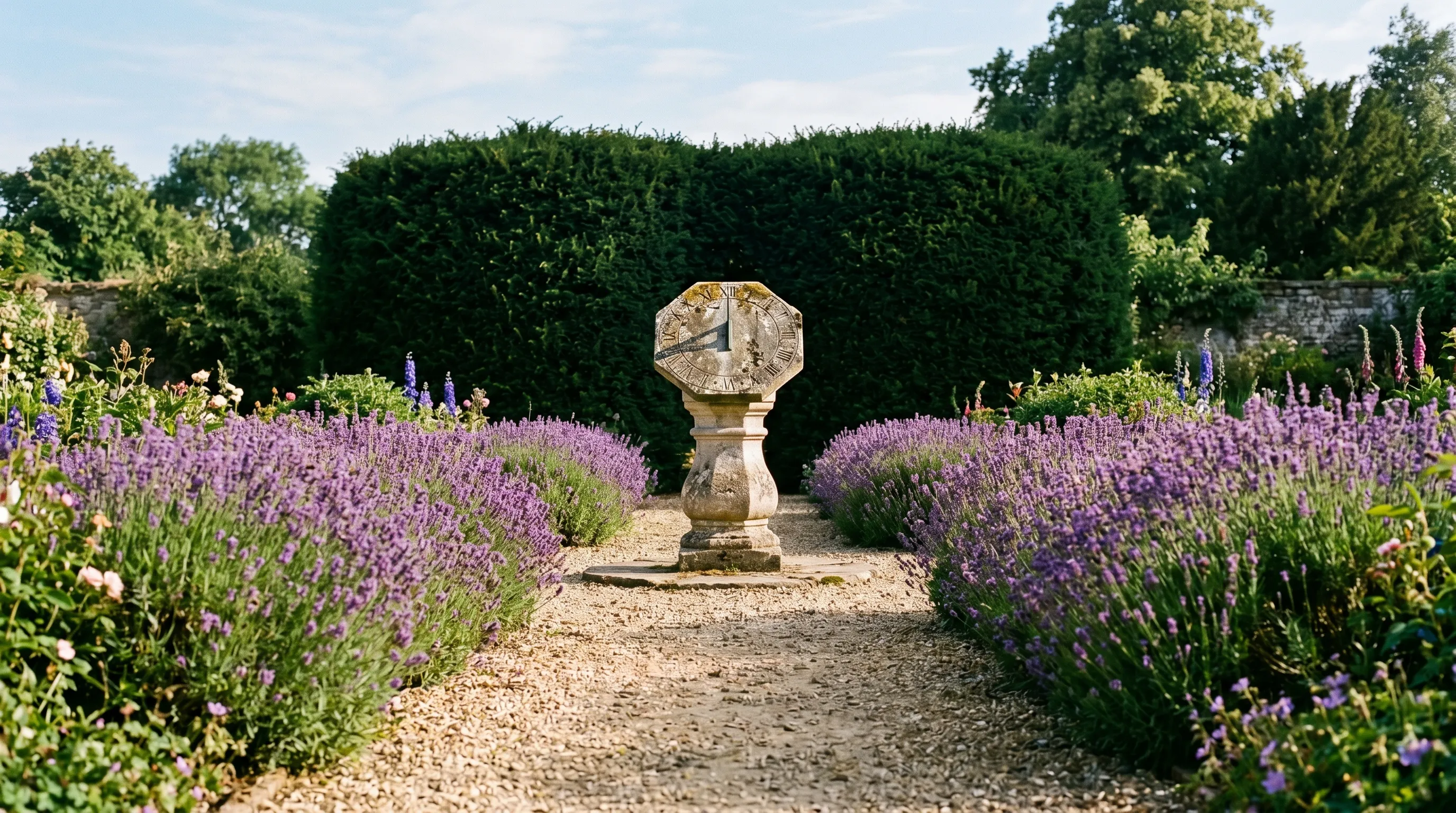 Stone sundial as focal point at the end of a long gravel path between flanking lavender plants