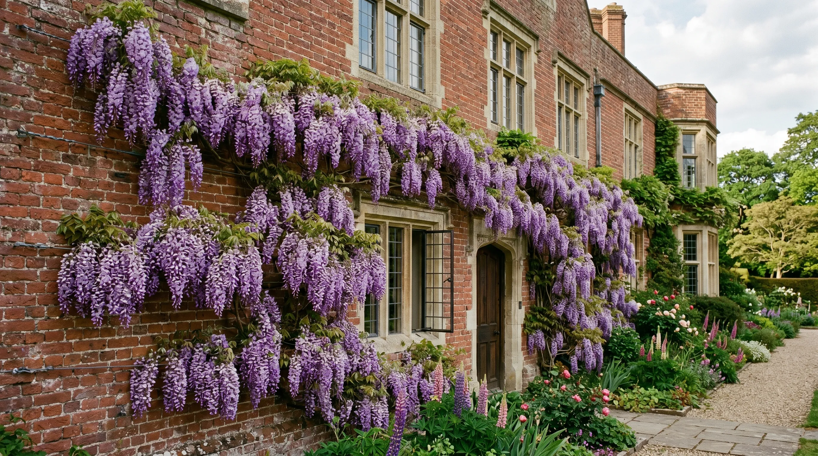 Wisteria sinensis in full mauve flower trained against a red brick south wall in May