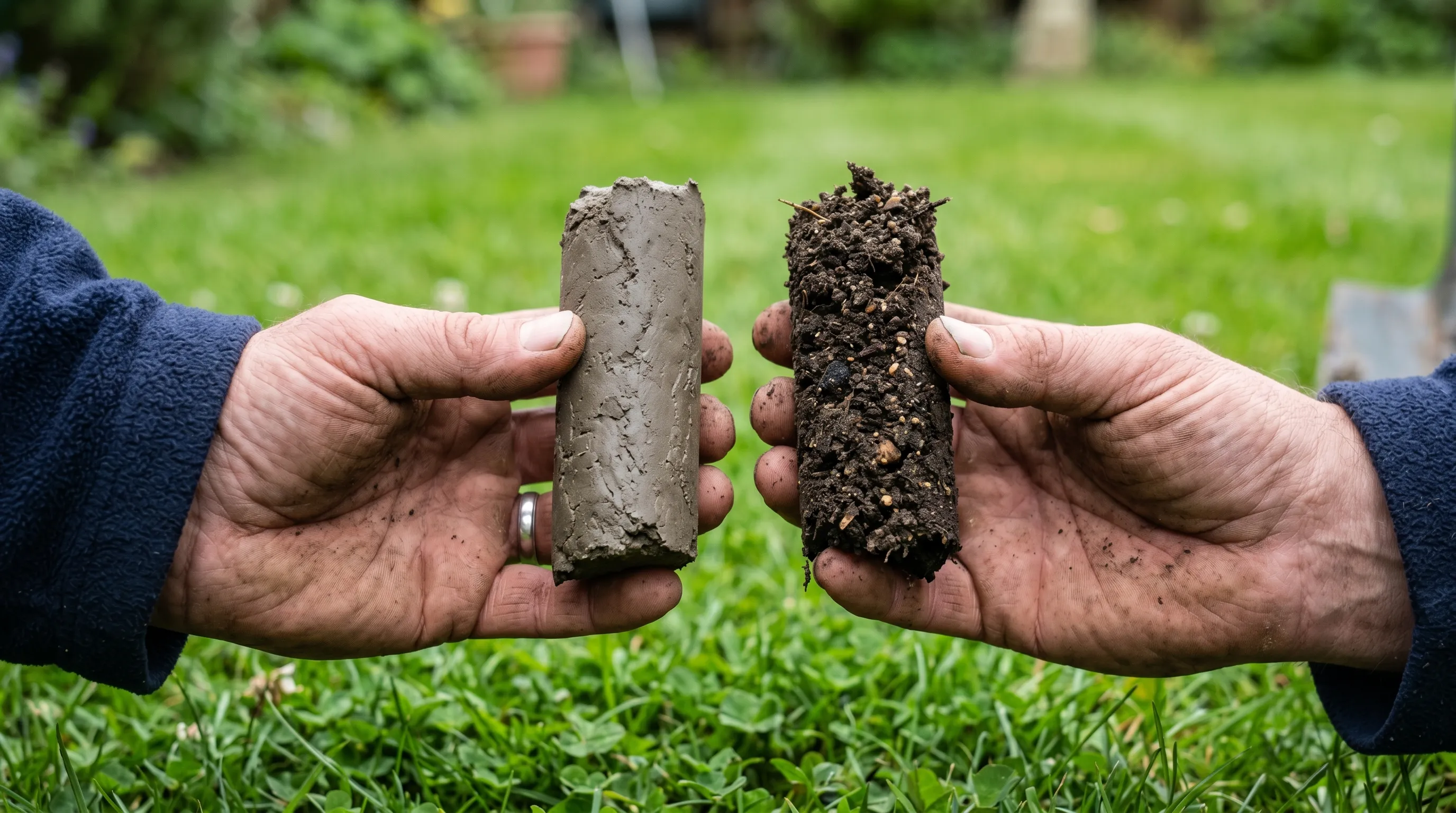 Close-up comparison of a dense grey compacted clay soil core beside a darker crumbly improved core flecked with sharp sand