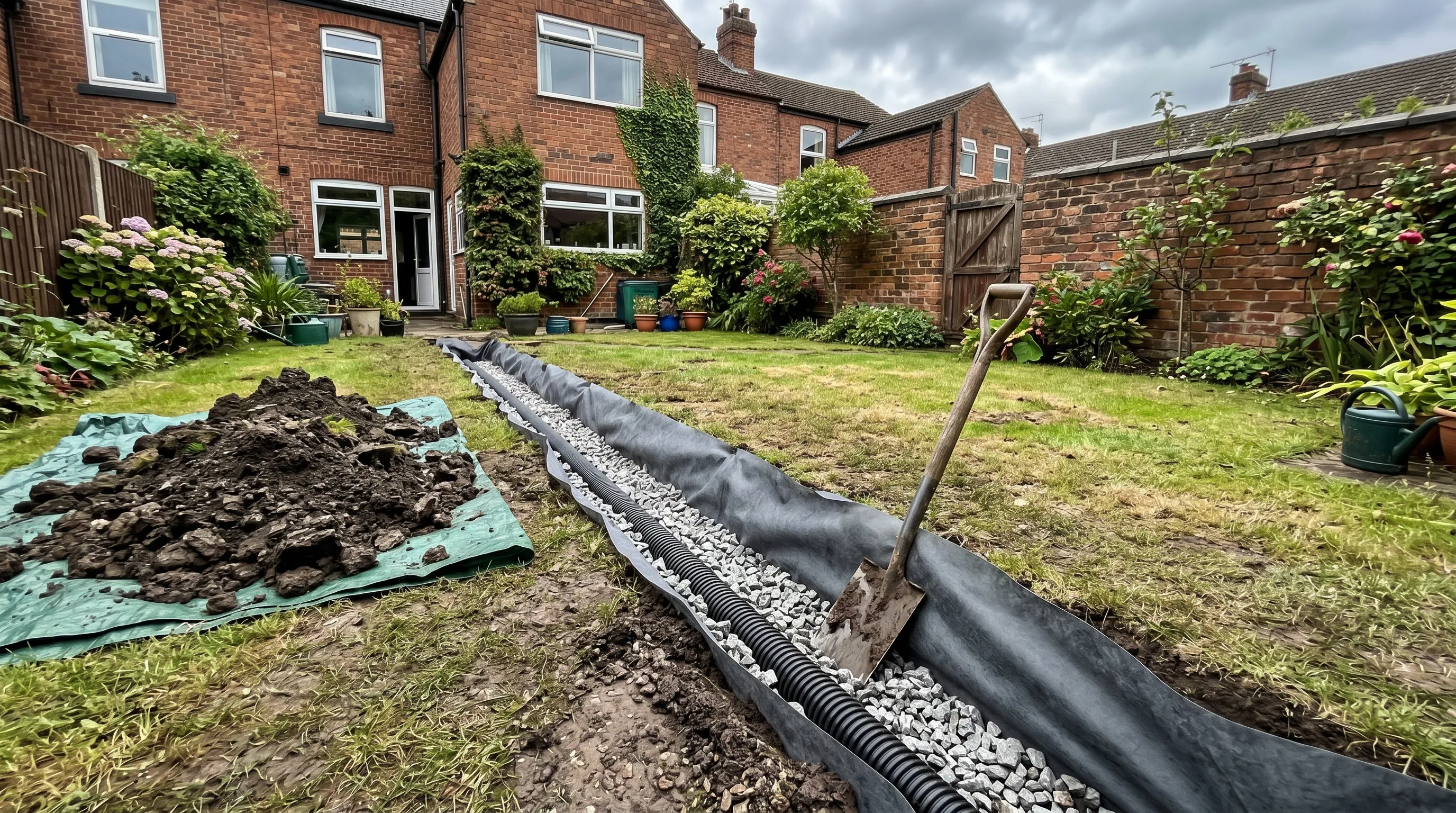 French drain trench dug across a UK lawn, lined with membrane and filled with gravel around a perforated black land-drain pipe