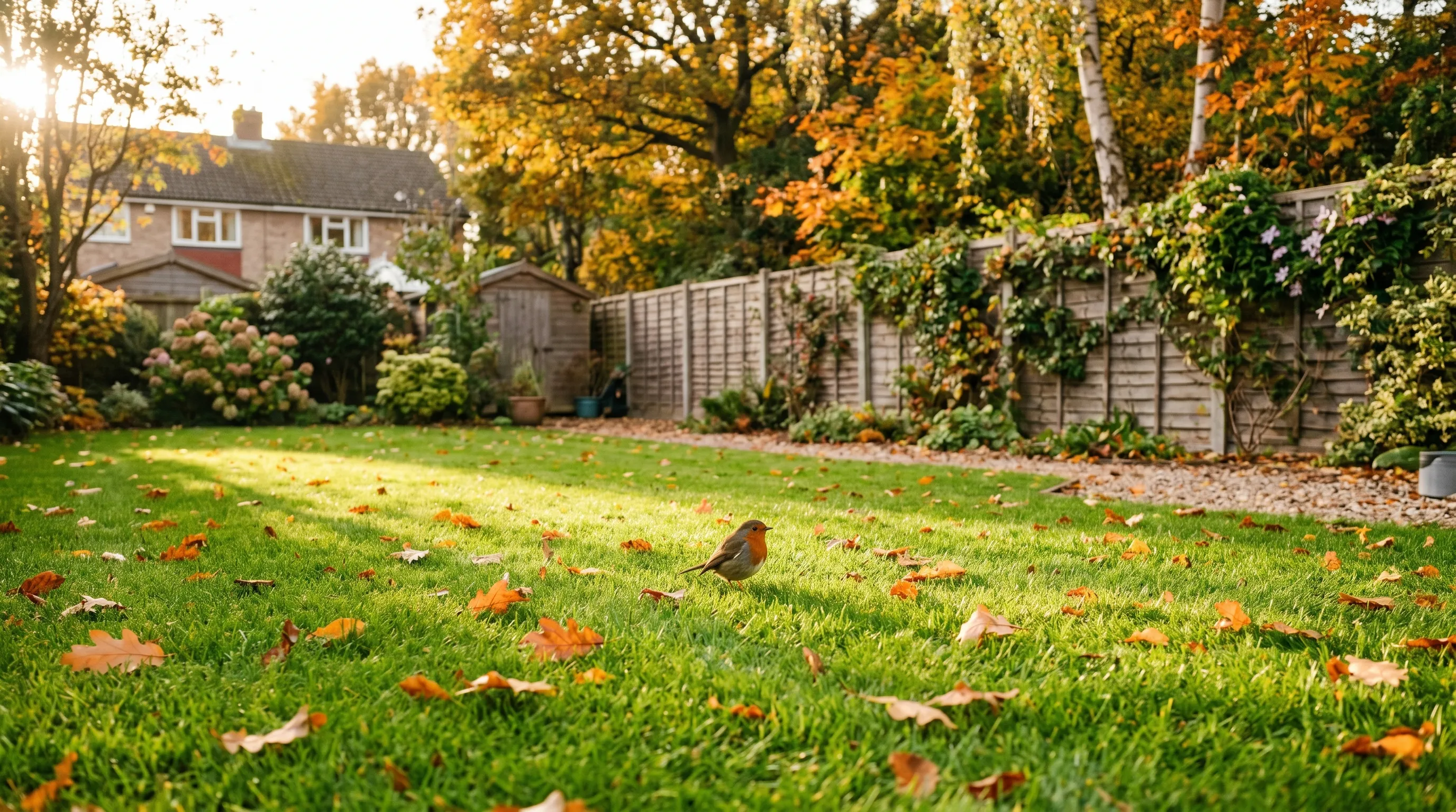 Healthy free-draining UK back lawn in autumn with even green grass, no puddles and a robin on the turf in golden morning light