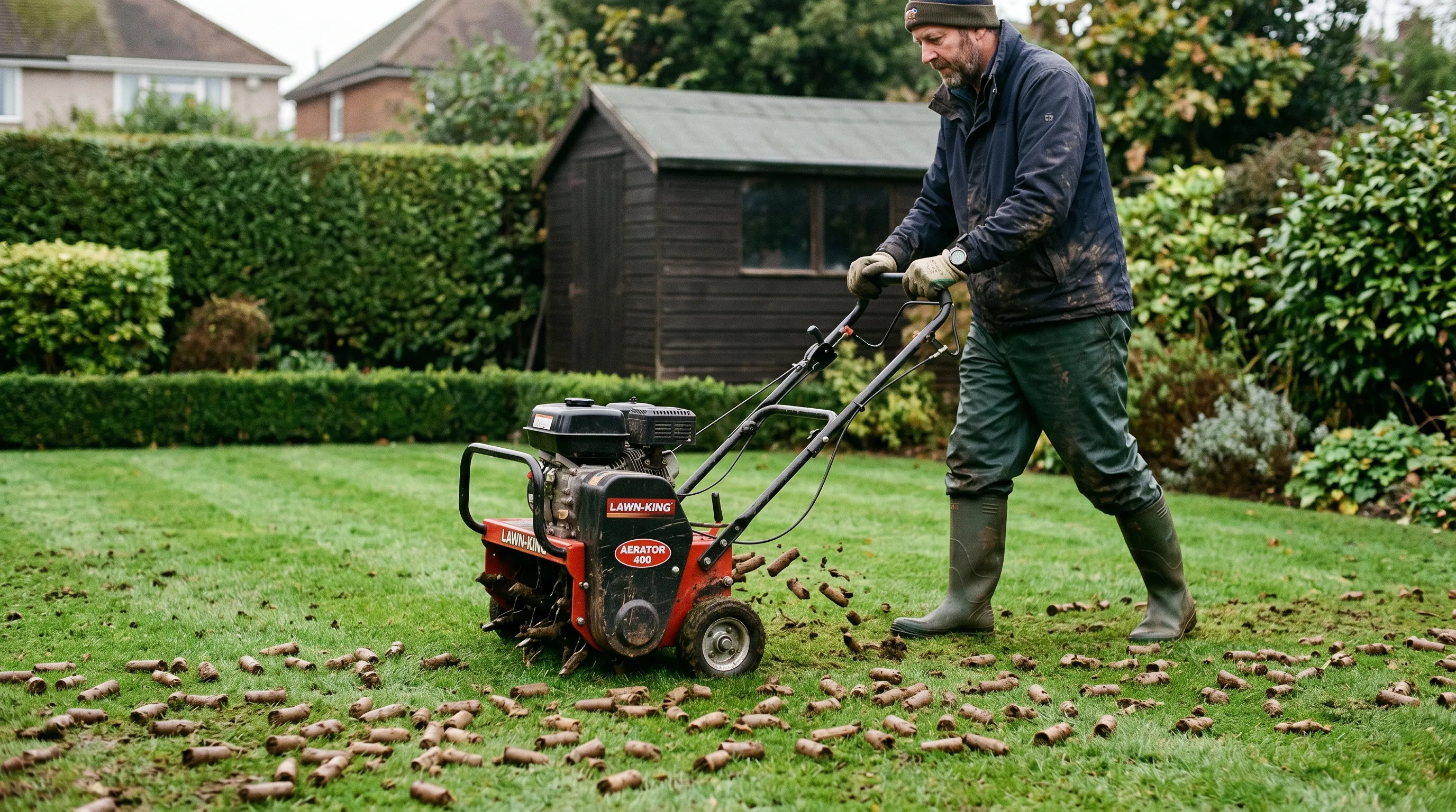 Petrol hollow-tine aerator pulling small soil cores from a green UK back lawn, plugs scattered across the turf