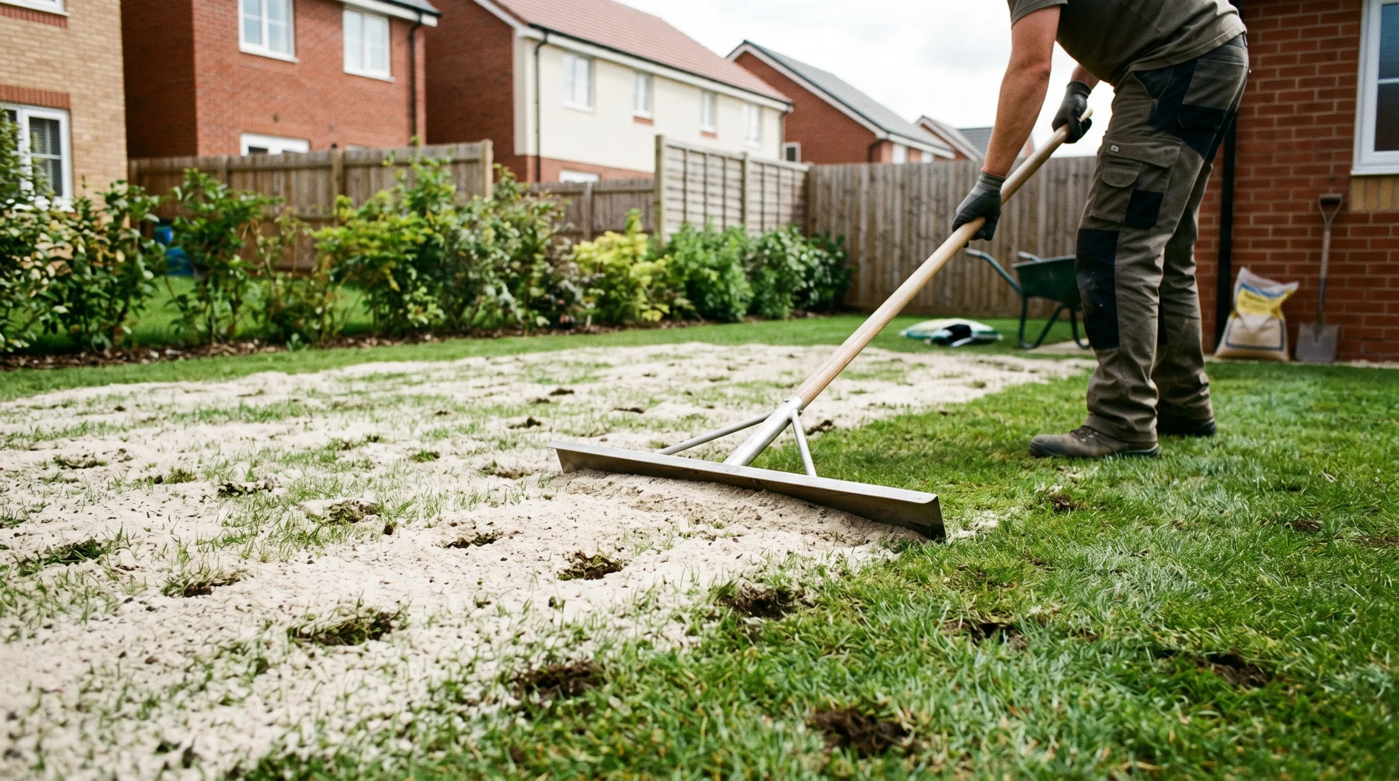 Gardener raking pale sharp horticultural sand across a cored green lawn on a new-build estate, levelling it into the holes