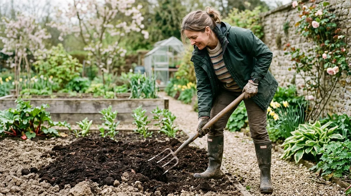 Gardener working organic compost into heavy clay soil with a border fork on a crisp spring morning