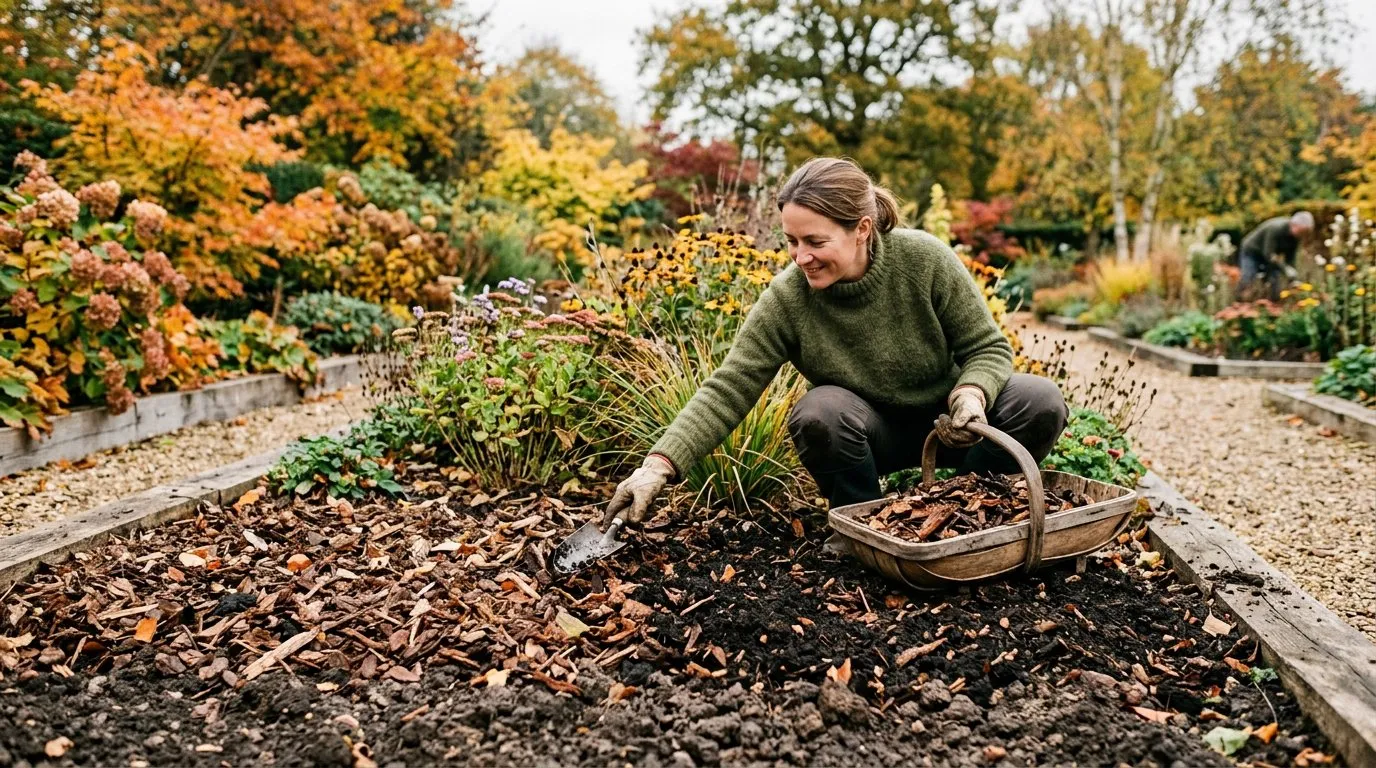 A thick layer of organic mulch being spread over clay soil in a garden bed
