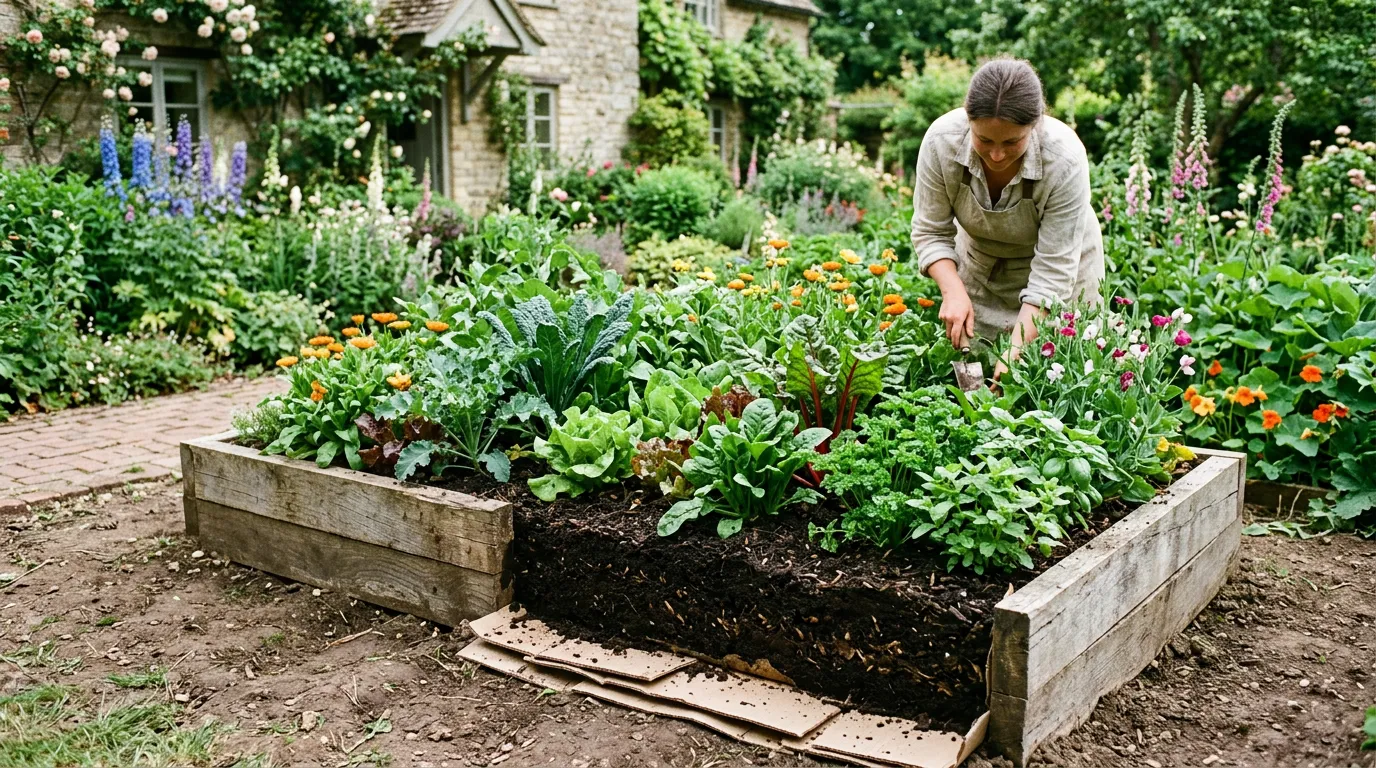 A no-dig raised bed built on top of clay soil with cardboard layer and deep compost mulch