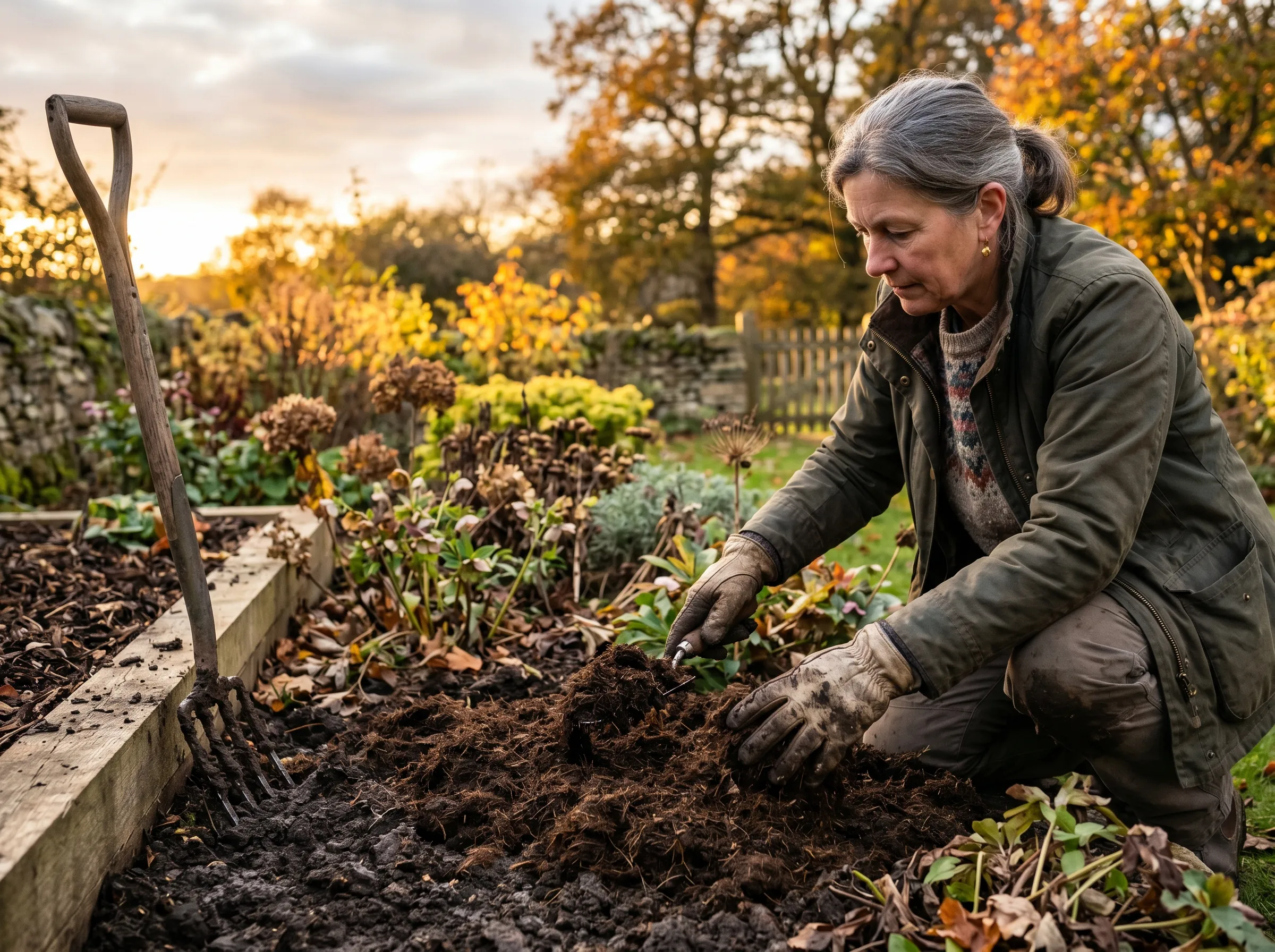 UK gardener applying a thick layer of well-rotted brown manure mulch on top of a clay bed in autumn, the surface evenly covered, garden fork resting at the edge