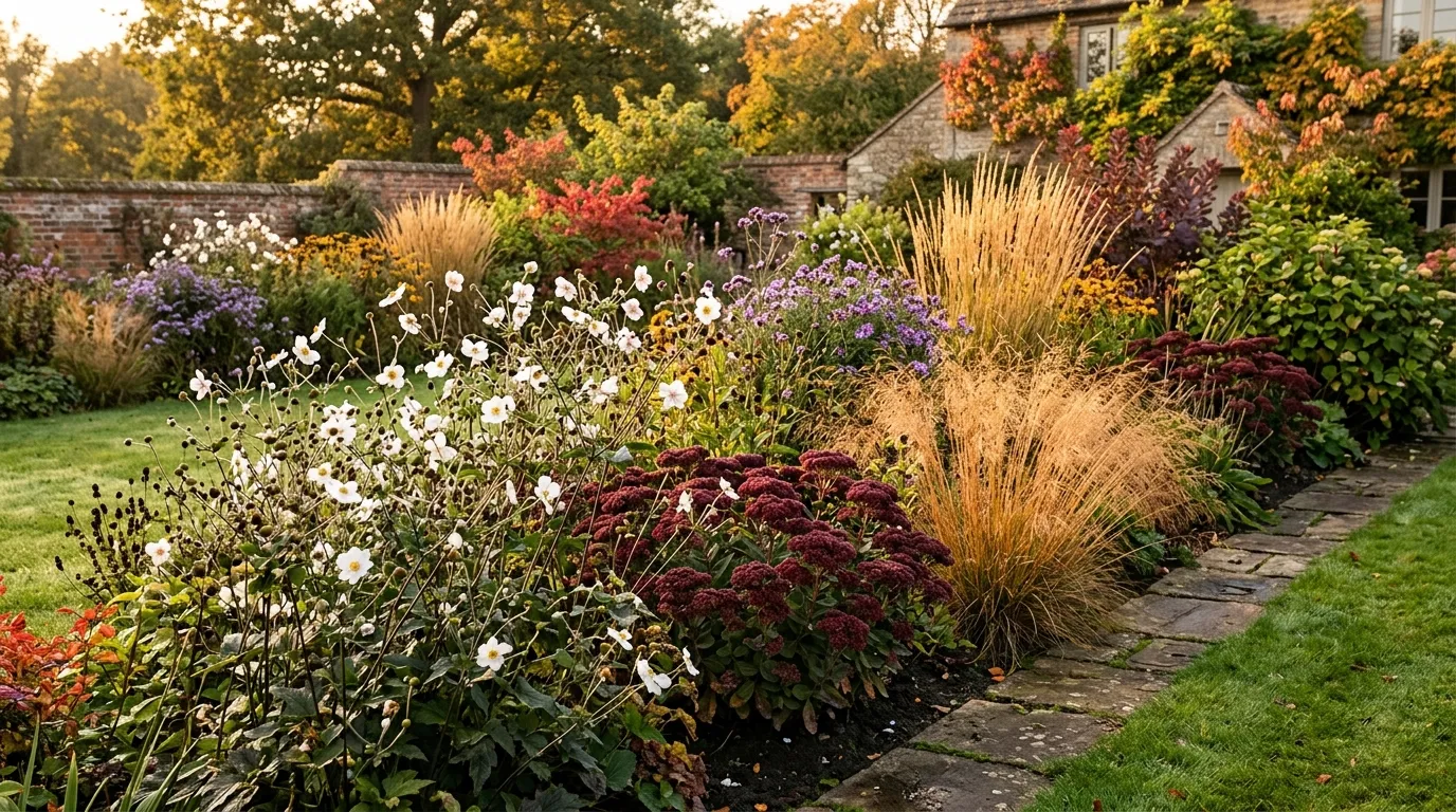 Best plants for clay soil UK with a mature mixed border of shrubs and perennials on heavy clay in autumn