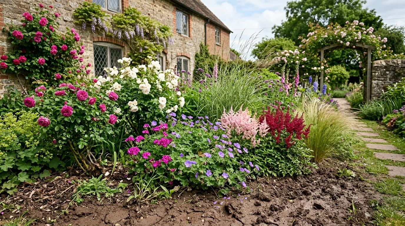 Best plants for clay soil UK garden border with roses, astilbe, and geraniums thriving in heavy Midlands clay