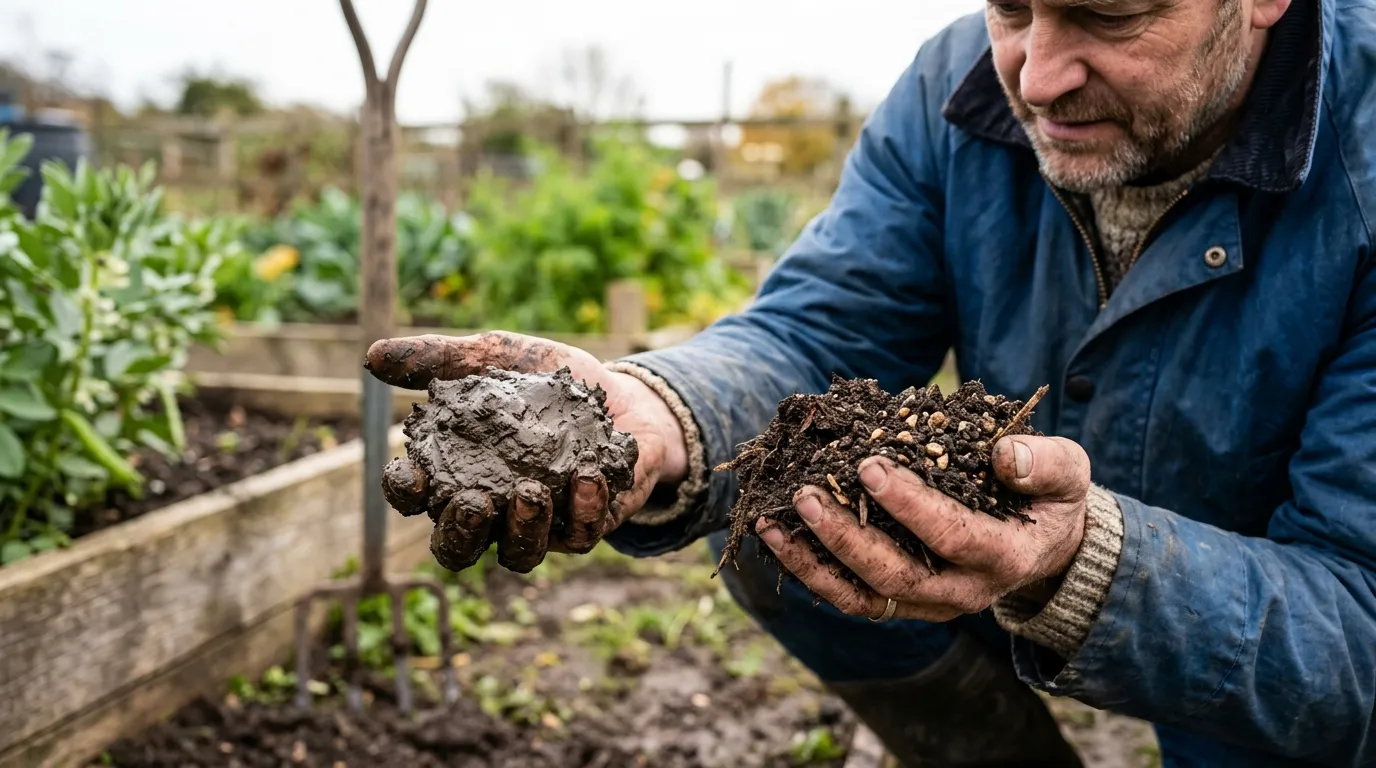 Best plants for clay soil UK showing the structure of heavy clay compared to improved clay with organic matter