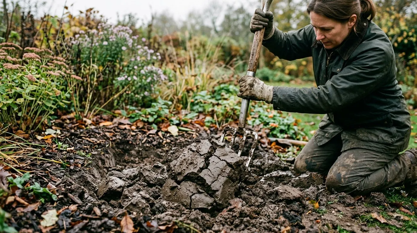 Heavy wet clay soil being broken up with a garden fork, showing the dense clay structure
