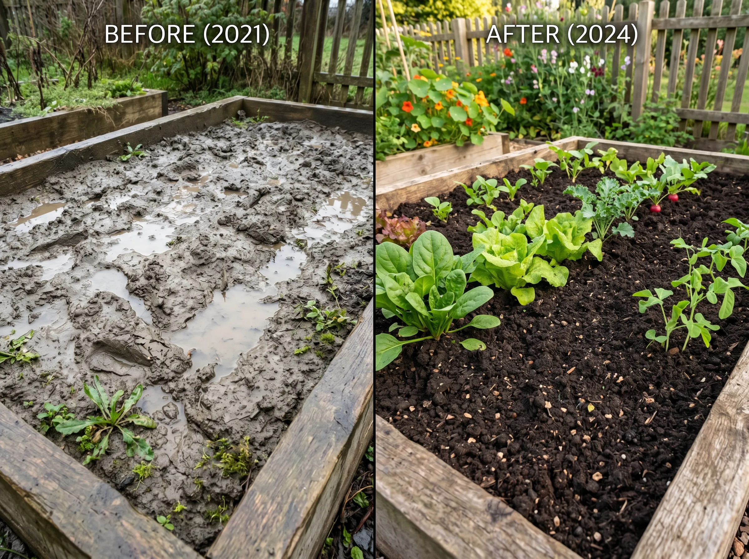 UK garden bed showing dramatic before-and-after split frame - left side compacted shiny grey clay with standing water, right side dark crumbly worked soil with healthy lush vegetable plants emerging, showing the 3-year transformation from organic matter