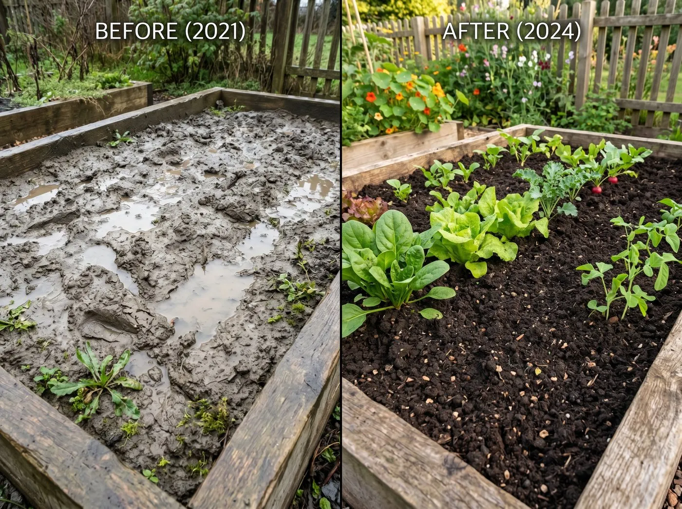 UK garden bed showing dramatic before-and-after split frame - left side compacted shiny grey clay with standing water, right side dark crumbly worked soil with healthy lush vegetable plants emerging, showing the 3-year transformation from organic matter